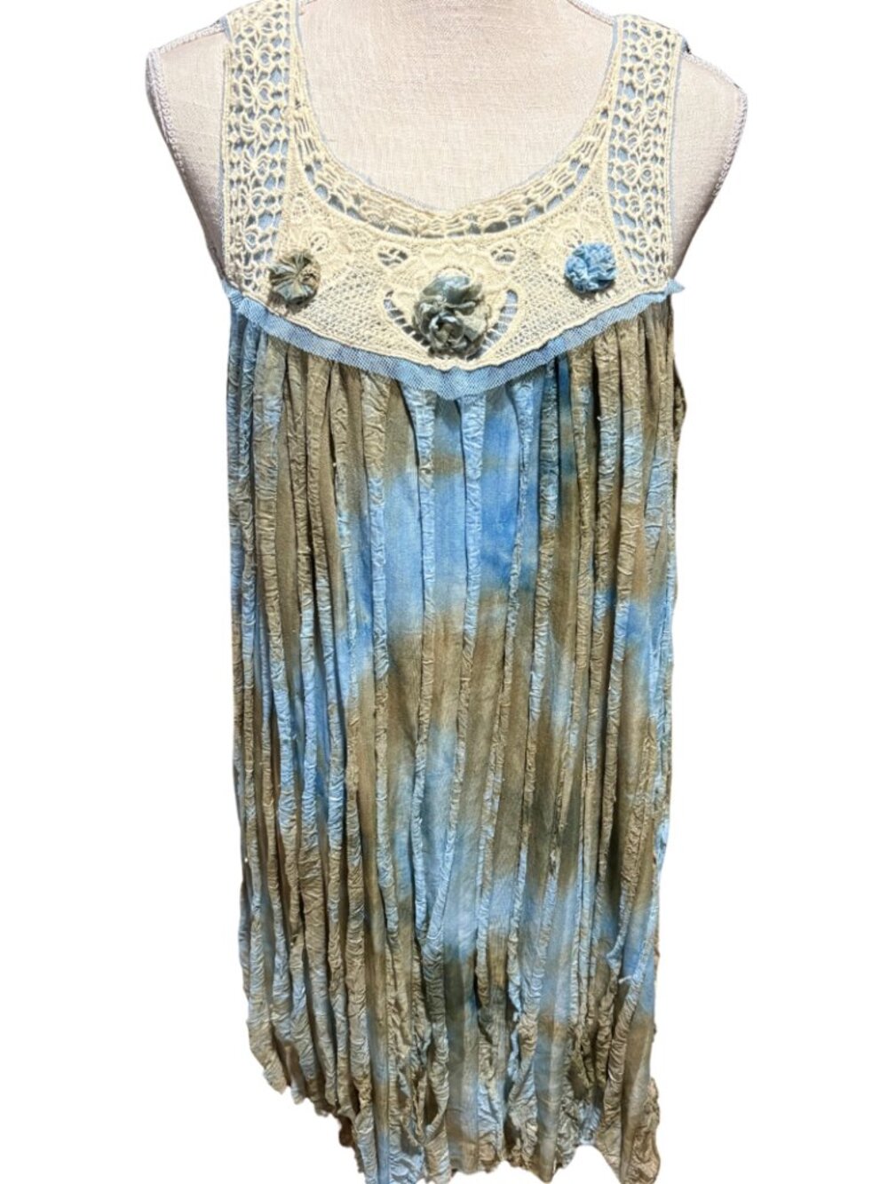 Fairycore Romantic Silk Blend Tunic Dress Crochet Lace Blue Tie Dye
